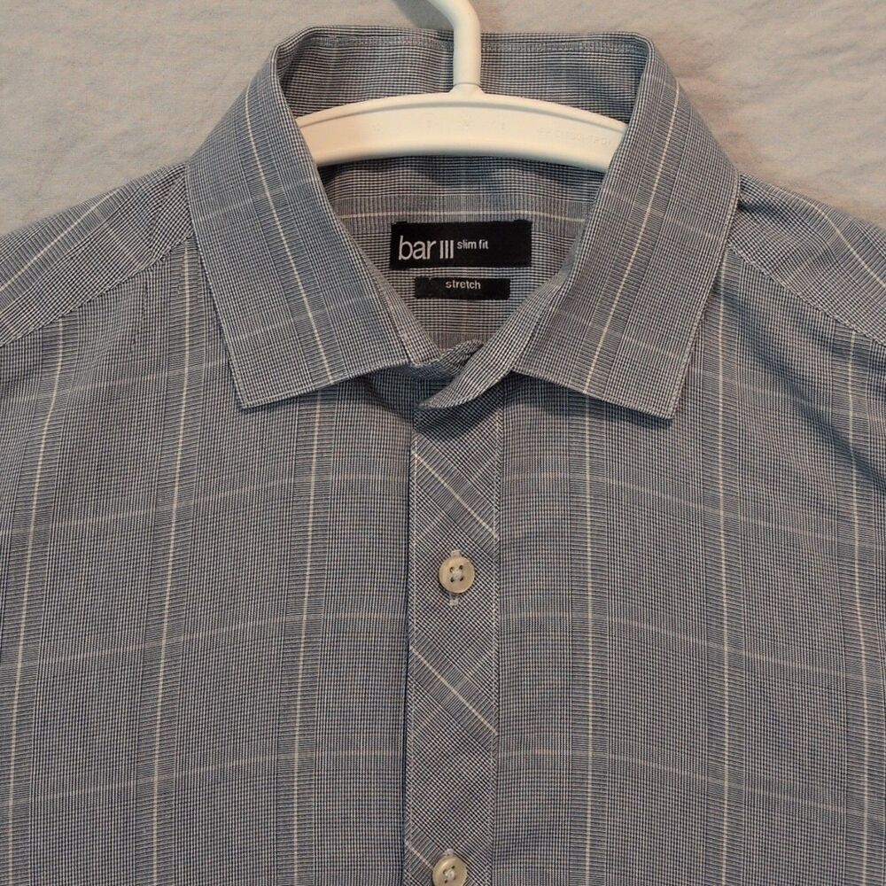 Bar III Slim Fit Easy Care Stretch Blue Plaid Dress Shirt M 32/33